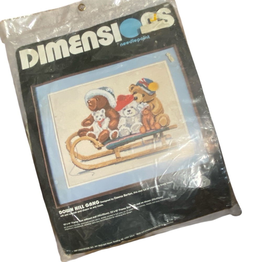 DIMENSIONS Needlepoint Kit "Down Hill Gang" Sealed #2334 Teddy Bears Sled 18x14